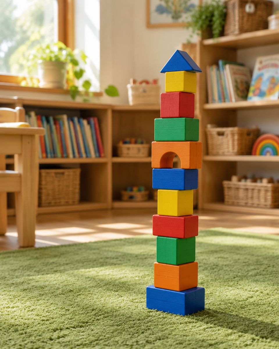 A tall tower of coloured wooden blocks on a green rug