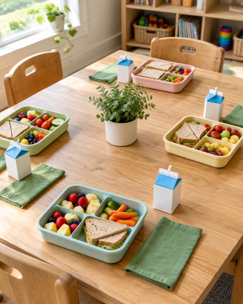 Lunch table with bento trays of fruit, vegetables and sandwiches