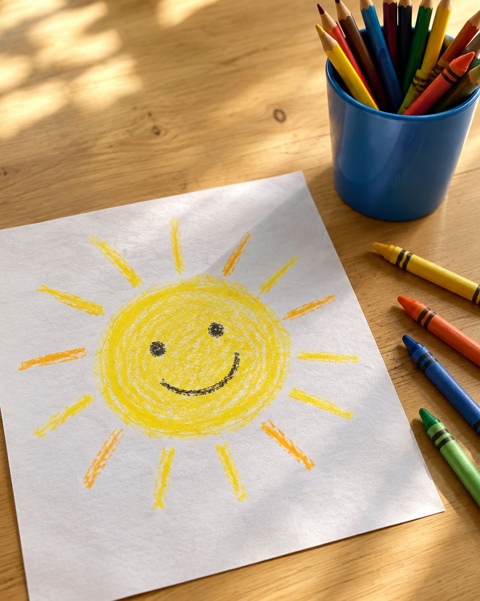 A crayon drawing of a smiling sun next to a cup of pencils